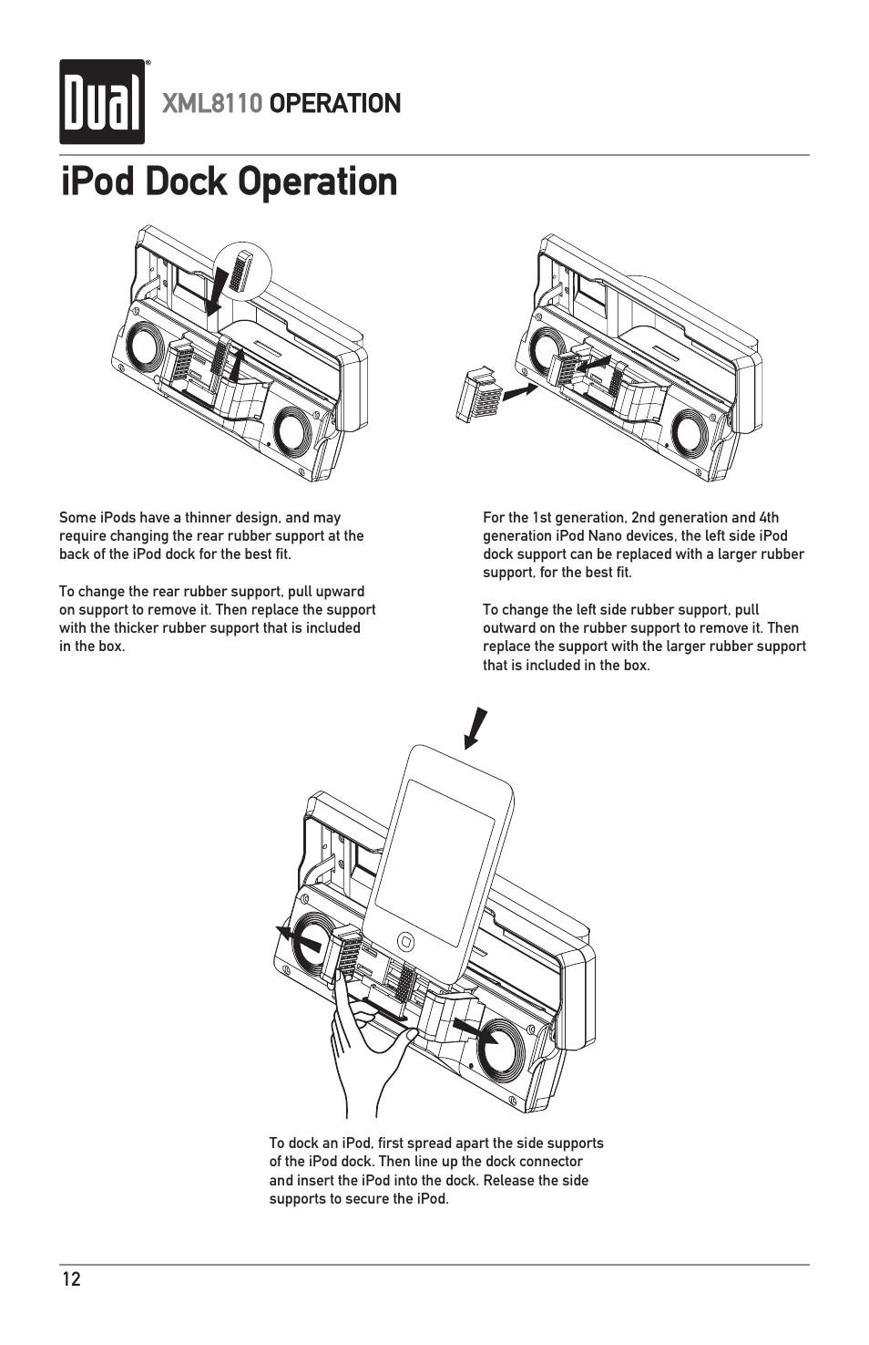 Ipod dock operation, Xml8110 operation | Dual XML8110 User Manual | Page 12 / 24