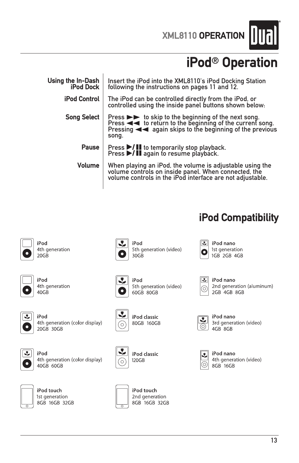 Ipod, Operation, Ipod compatibility | Dual XML8110 User Manual | Page 13 / 24