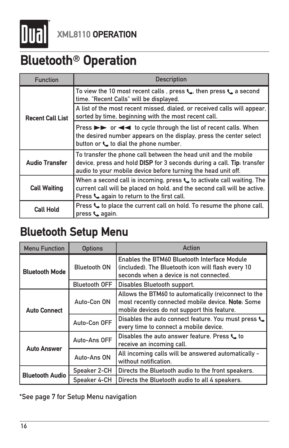 Bluetooth, Operation, Bluetooth setup menu | Xml8110 operation | Dual XML8110 User Manual | Page 16 / 24