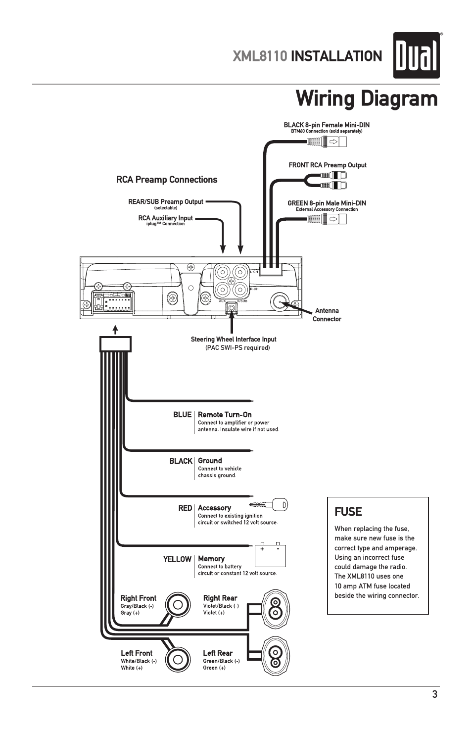 Wiring diagram, Xml8110 installation, Fuse | Dual XML8110 User Manual | Page 3 / 24