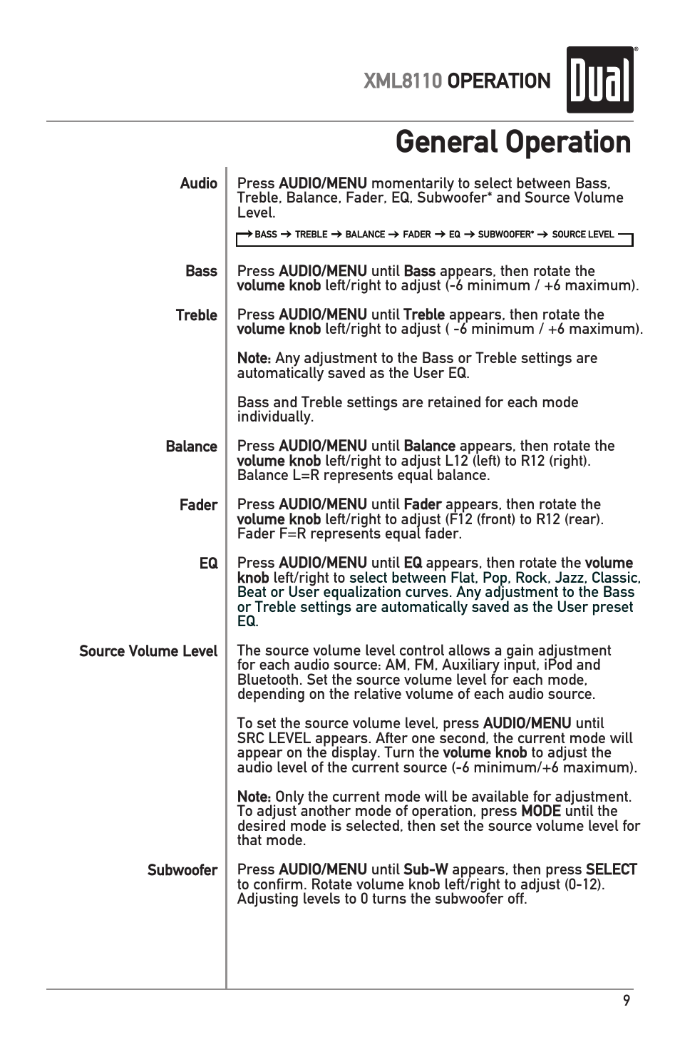 General operation, Xml8110 operation | Dual XML8110 User Manual | Page 9 / 24