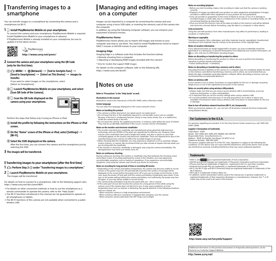 Transferring images to a smartphone, Managing and editing images on a computer | Sony Radio Alarm Clock (Black) User Manual | Page 2 / 2