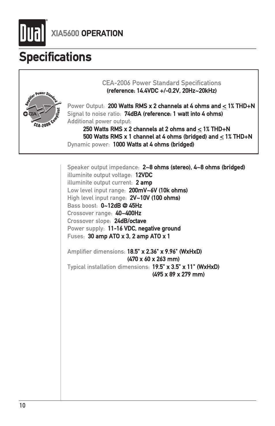 Specifications, Xia5600 operation | Dual XIA5600 User Manual | Page 10 / 12