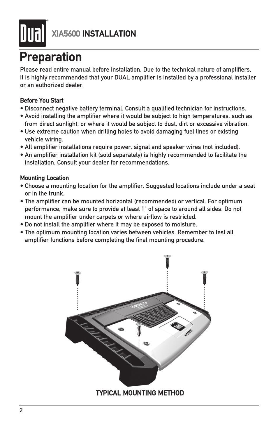 Preparation, Xia5600 installation | Dual XIA5600 User Manual | Page 2 / 12