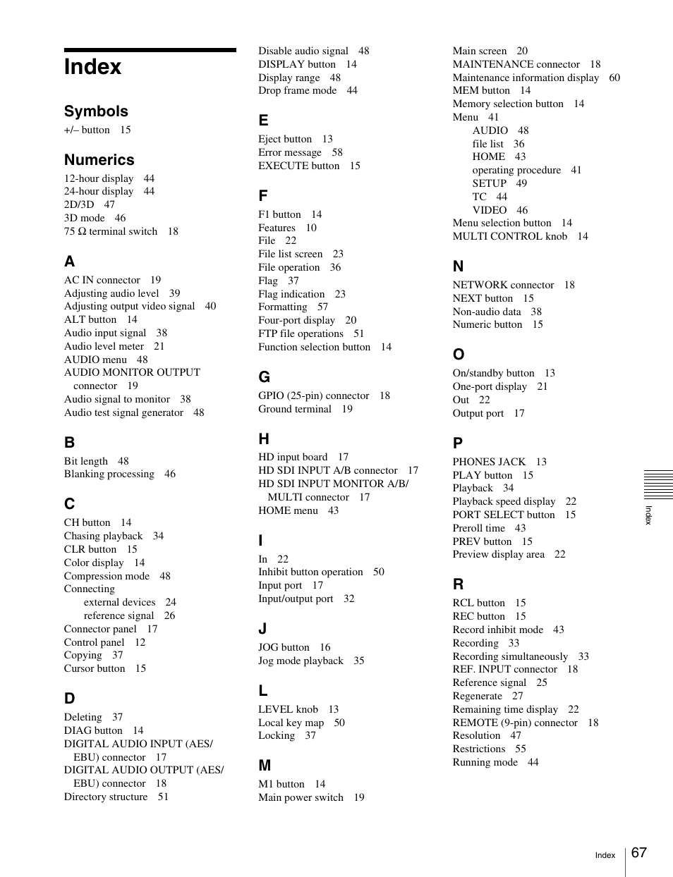 Index, Symbols, Numerics | Sony X85K 50" 4K HDR Smart LED TV User Manual | Page 67 / 70