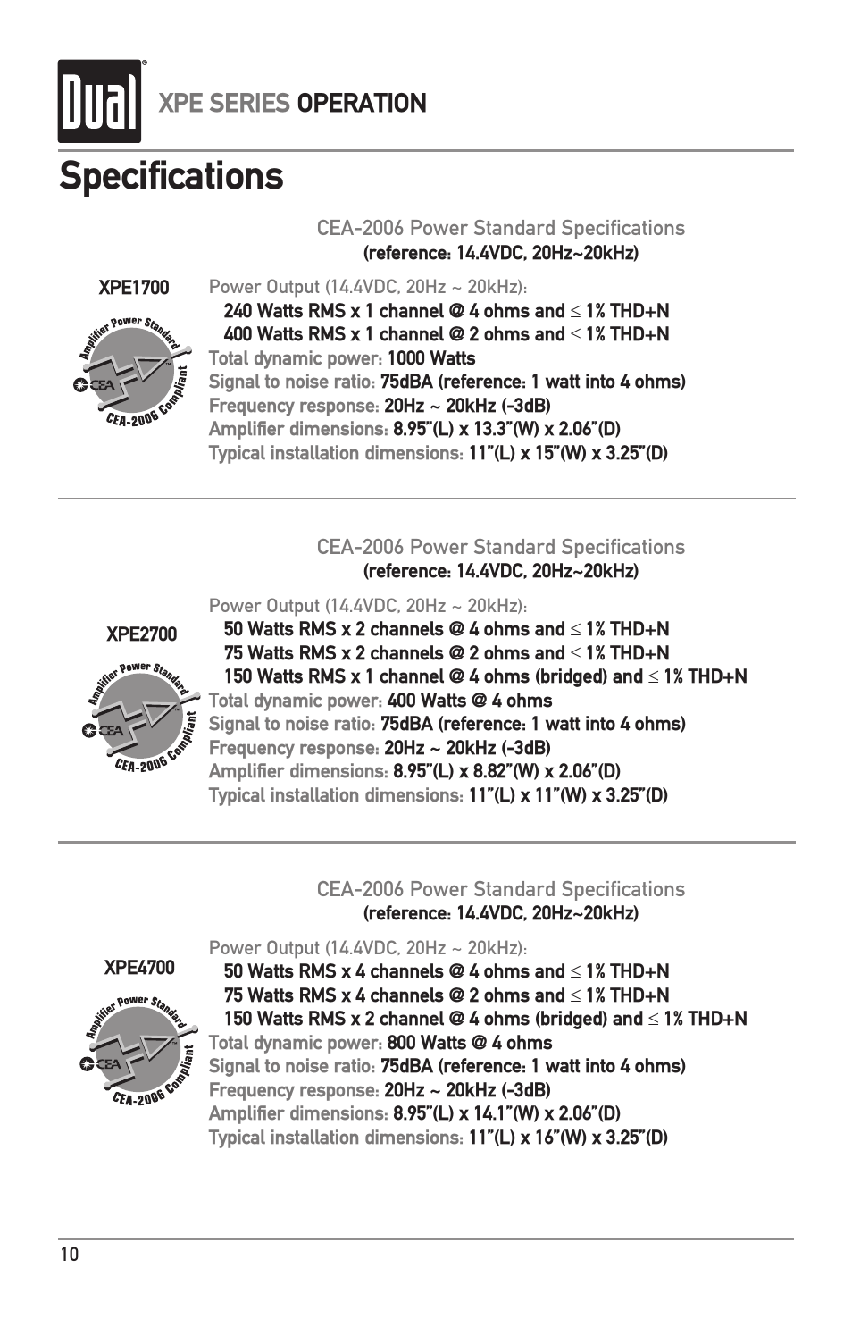 Specifications, Xpe series operation | Dual XPE1700 User Manual | Page 10 / 12