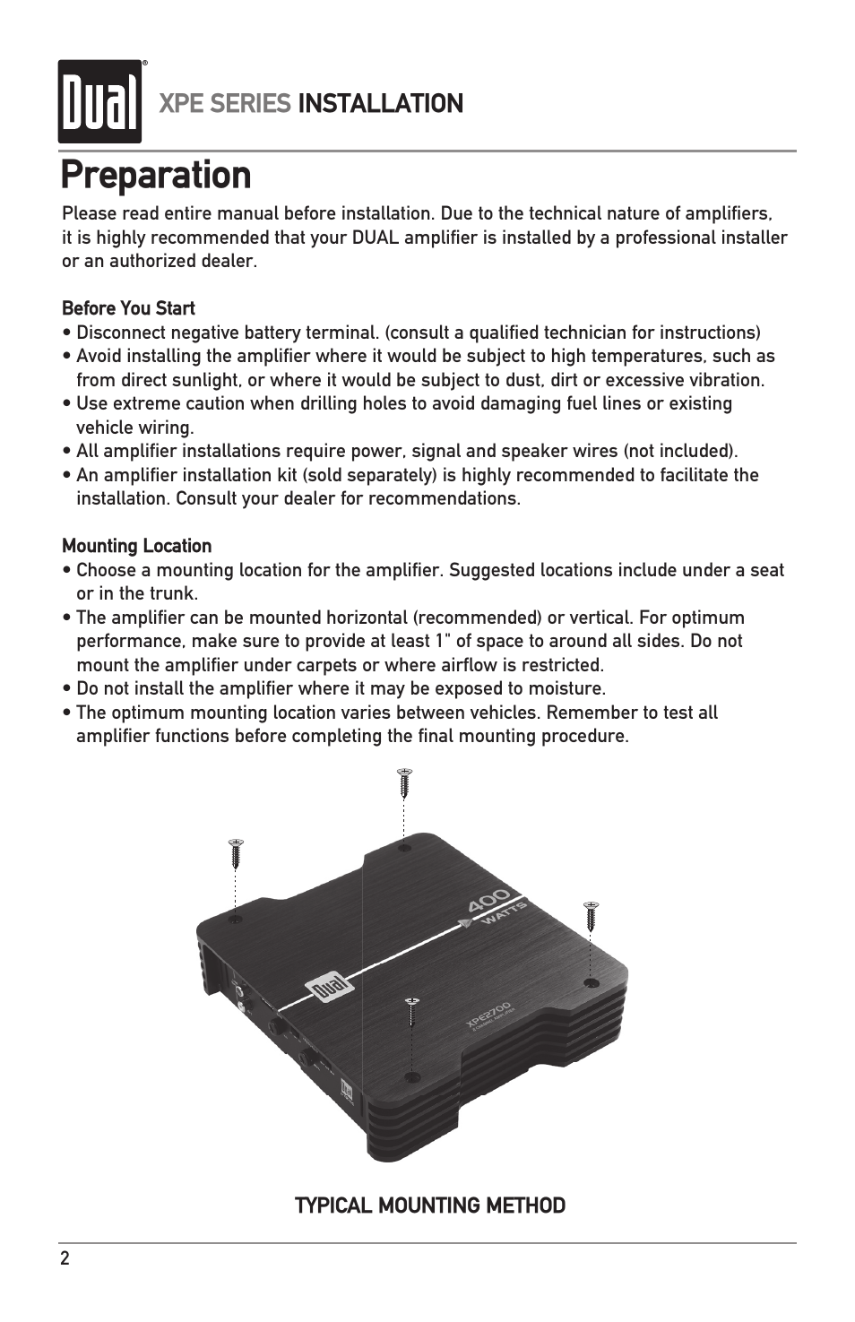 Preparation, Xpe series installation | Dual XPE1700 User Manual | Page 2 / 12