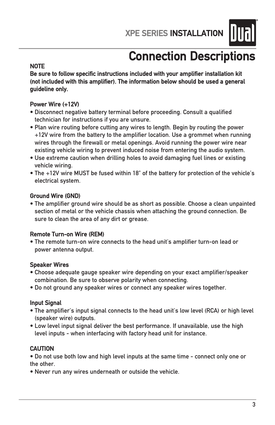 Connection descriptions, Xpe series installation | Dual XPE1700 User Manual | Page 3 / 12