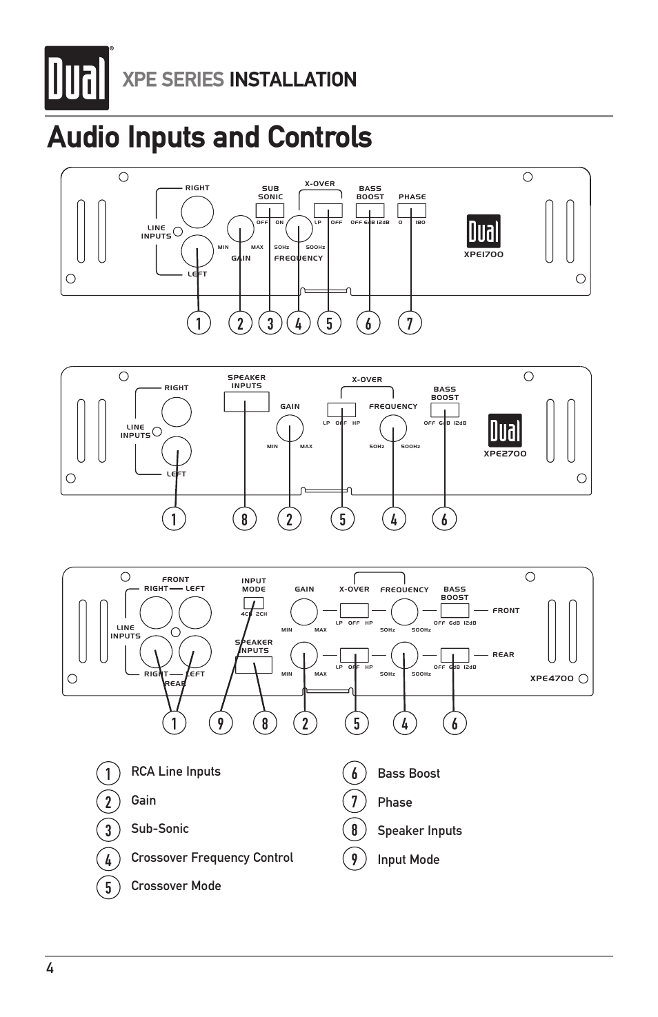 Audio inputs and controls, Xpe series installation, Bass boost phase speaker inputs input mode | Dual XPE1700 User Manual | Page 4 / 12