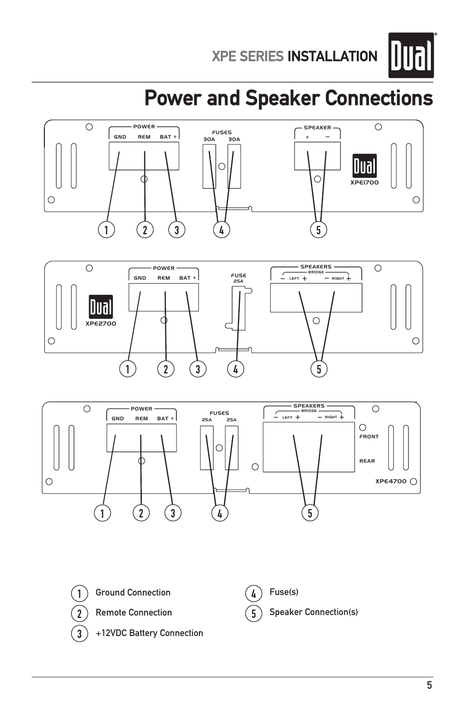 Power and speaker connections, Xpe series installation, Fuse(s) speaker connection(s) | Dual XPE1700 User Manual | Page 5 / 12