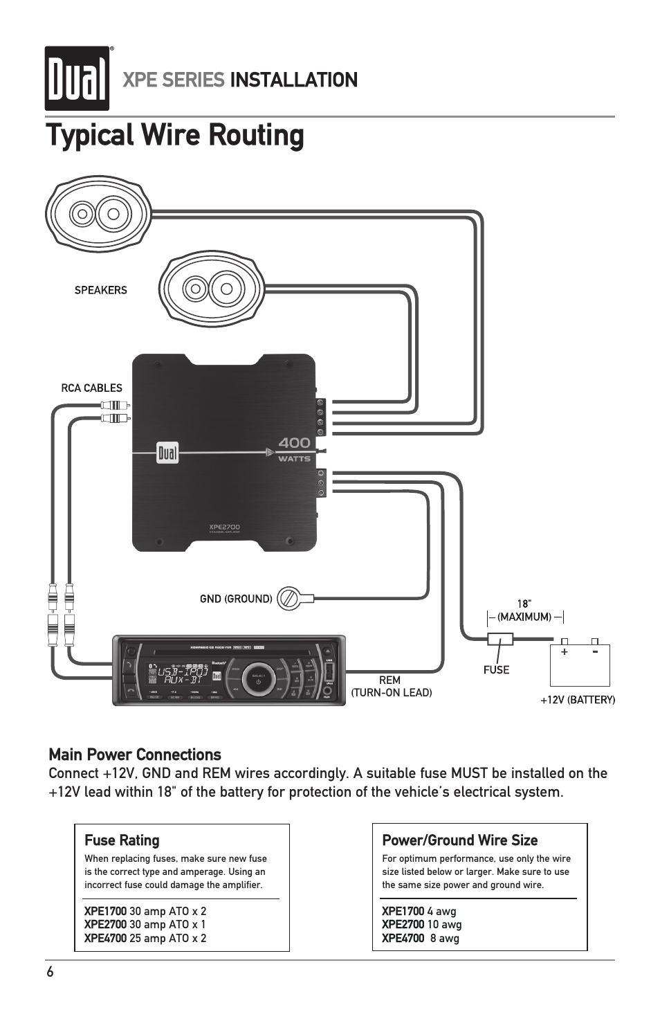 Typical wire routing, Xpe series installation, Main power connections | Dual XPE1700 User Manual | Page 6 / 12