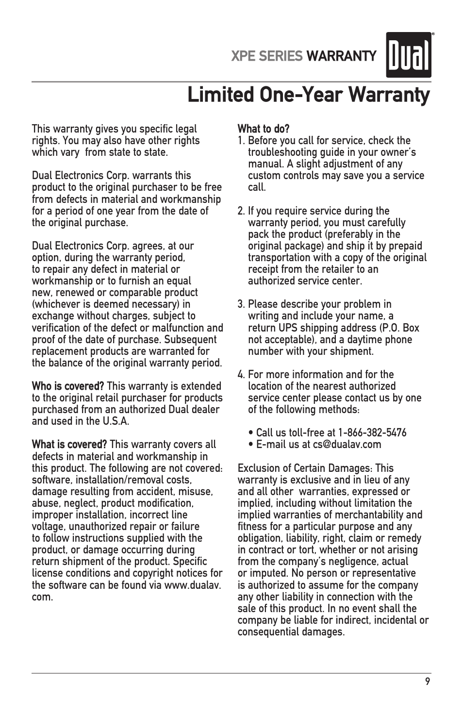 Limited one-year warranty, Xpe series warranty | Dual XPE1700 User Manual | Page 9 / 12