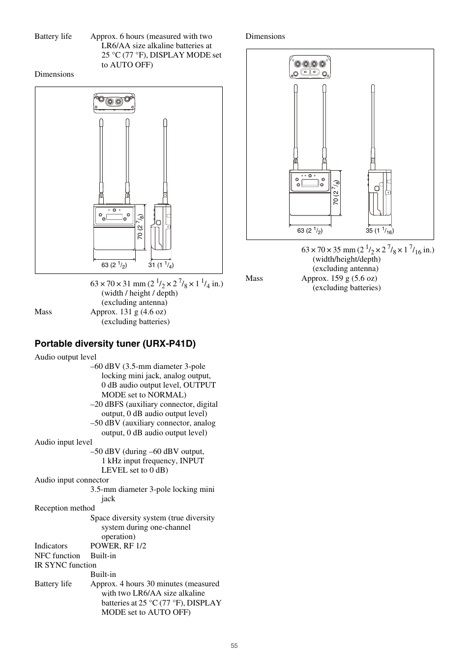 Portable diversity tuner (urx-p41d) | Sony VCT-SP2BP Camcorder Shoulder Support User Manual | Page 55 / 56