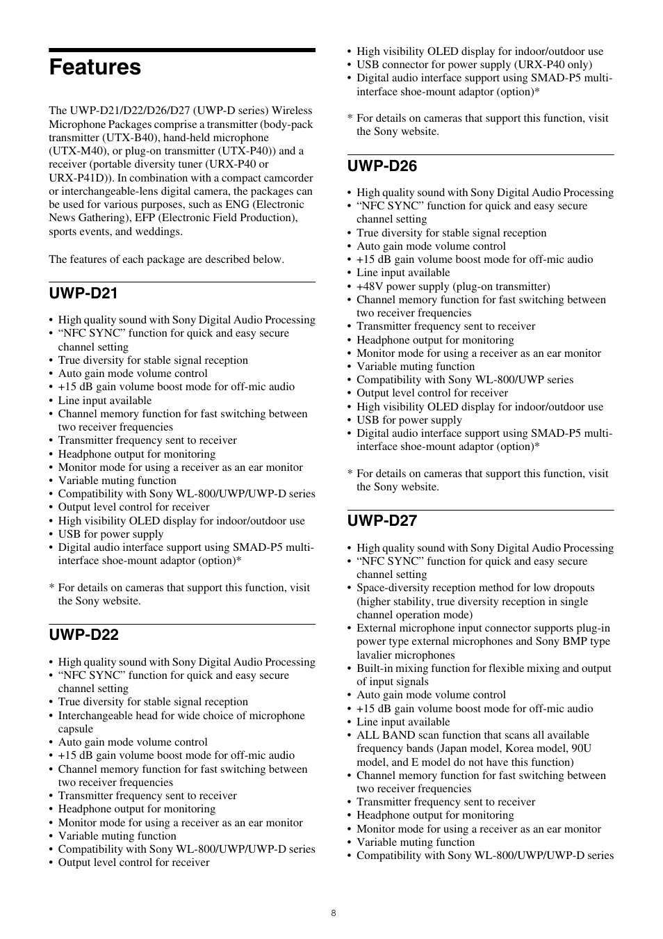 Features, Uwp-d21 uwp-d22 uwp-d26 uwp-d27, Uwp-d21 | Uwp-d22, Uwp-d26, Uwp-d27 | Sony VCT-SP2BP Camcorder Shoulder Support User Manual | Page 8 / 56