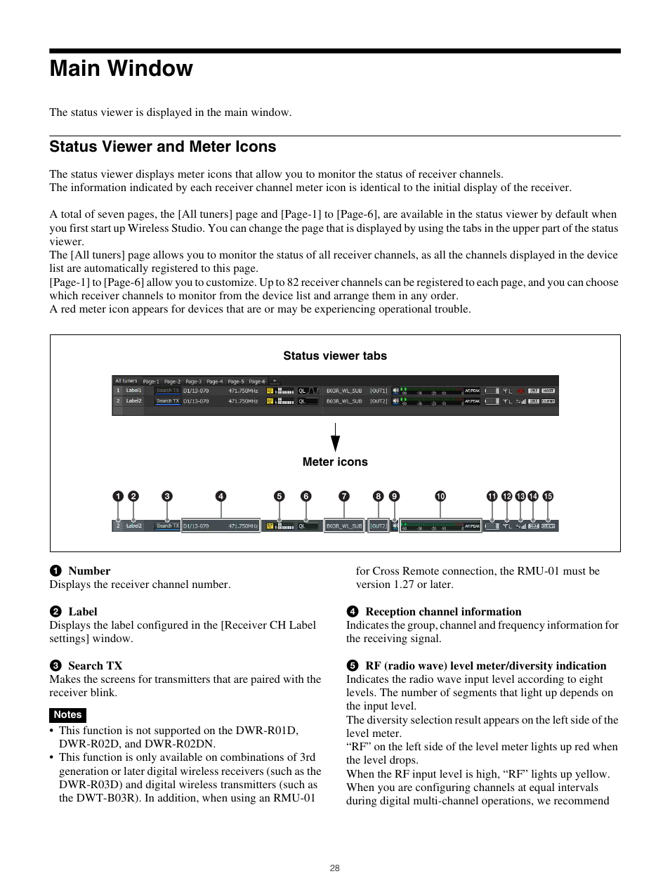 Main window, Status viewer and meter icons | Sony Underwater Housing for Select RX100-Series Cameras User Manual | Page 28 / 67