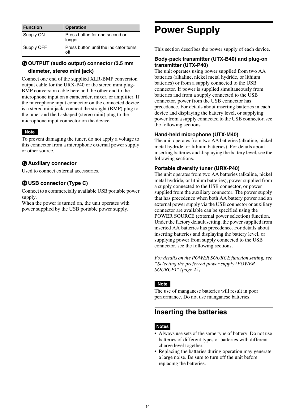 Power supply, Inserting the batteries | Sony SRG-120DU USB 3.0 Full HD PTZ Camera User Manual | Page 14 / 41