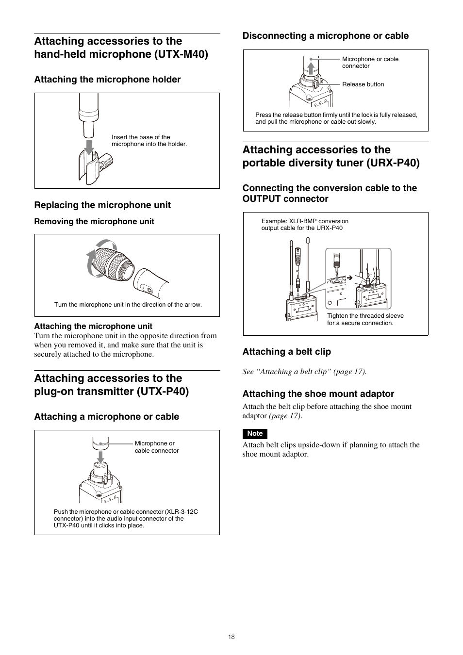 Attaching accessories to the hand-held, Microphone (utx-m40), Attaching accessories to the plug-on | Transmitter (utx-p40), Attaching accessories to the portable diversity, Tuner (urx-p40) | Sony SRG-120DU USB 3.0 Full HD PTZ Camera User Manual | Page 18 / 41