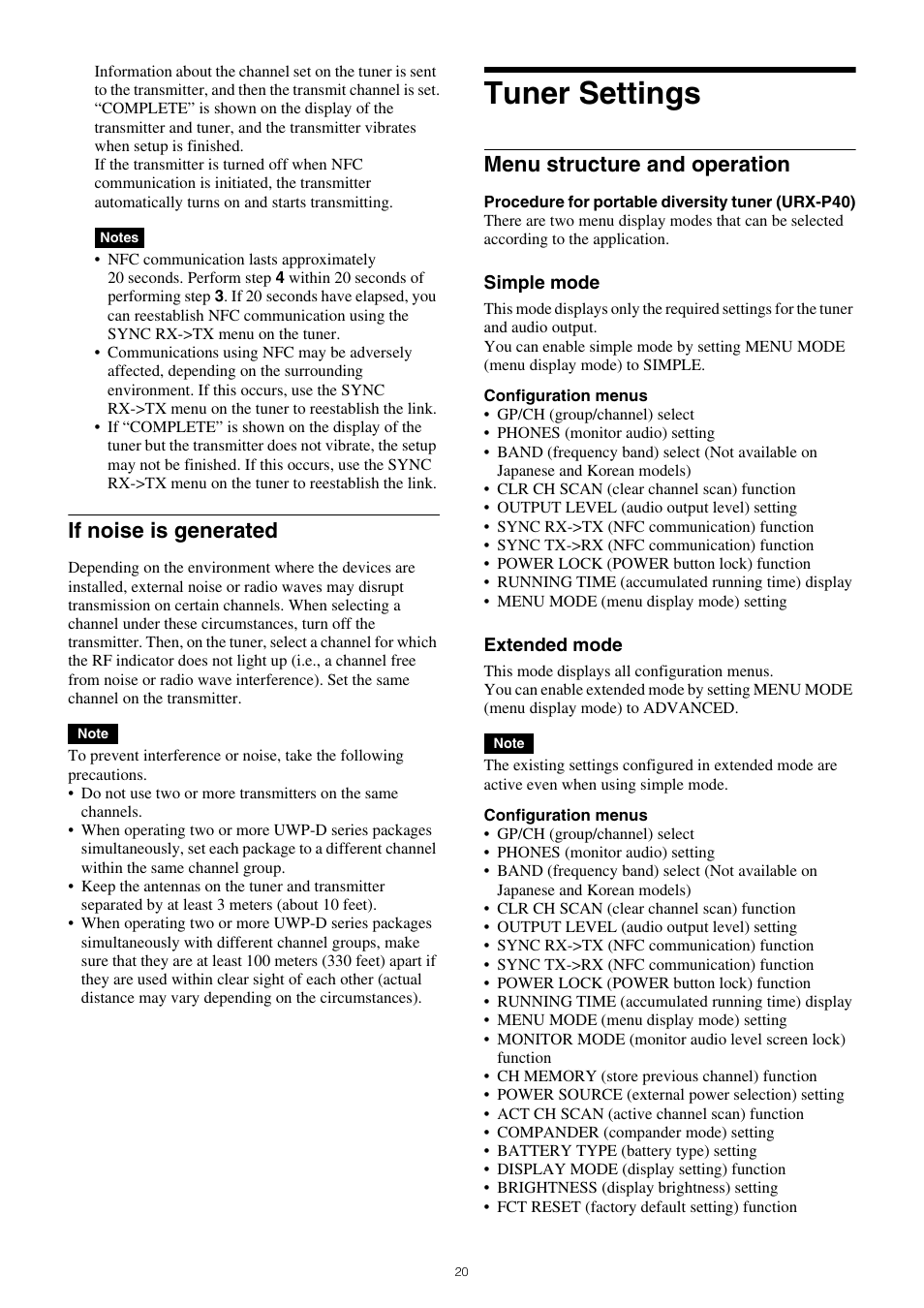 Tuner settings, If noise is generated, Menu structure and operation | Sony SRG-120DU USB 3.0 Full HD PTZ Camera User Manual | Page 20 / 41