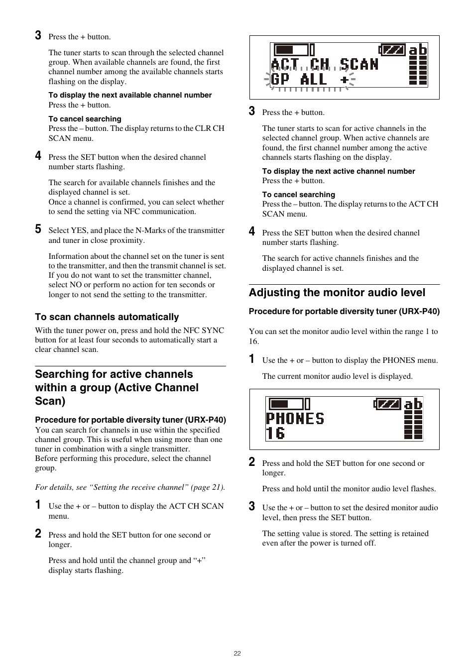 Searching for active channels within a group, Active channel scan), Adjusting the monitor audio level | Sony SRG-120DU USB 3.0 Full HD PTZ Camera User Manual | Page 22 / 41