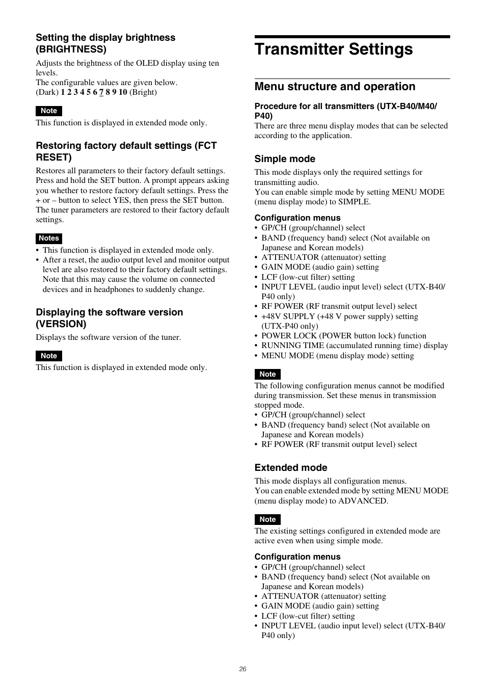 Transmitter settings, Menu structure and operation | Sony SRG-120DU USB 3.0 Full HD PTZ Camera User Manual | Page 26 / 41