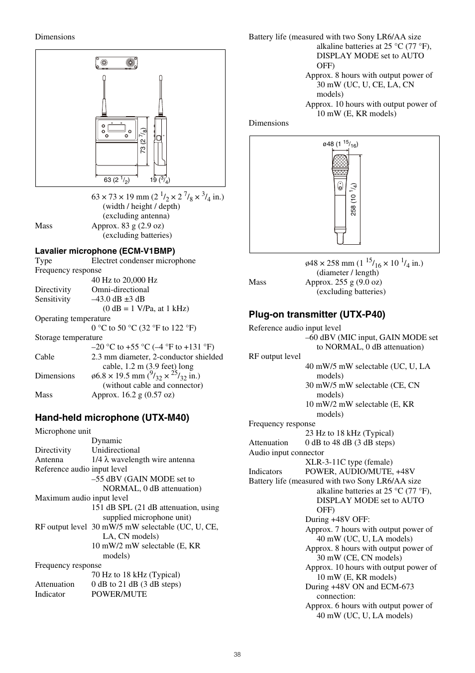 Hand-held microphone (utx-m40), Plug-on transmitter (utx-p40) | Sony SRG-120DU USB 3.0 Full HD PTZ Camera User Manual | Page 38 / 41