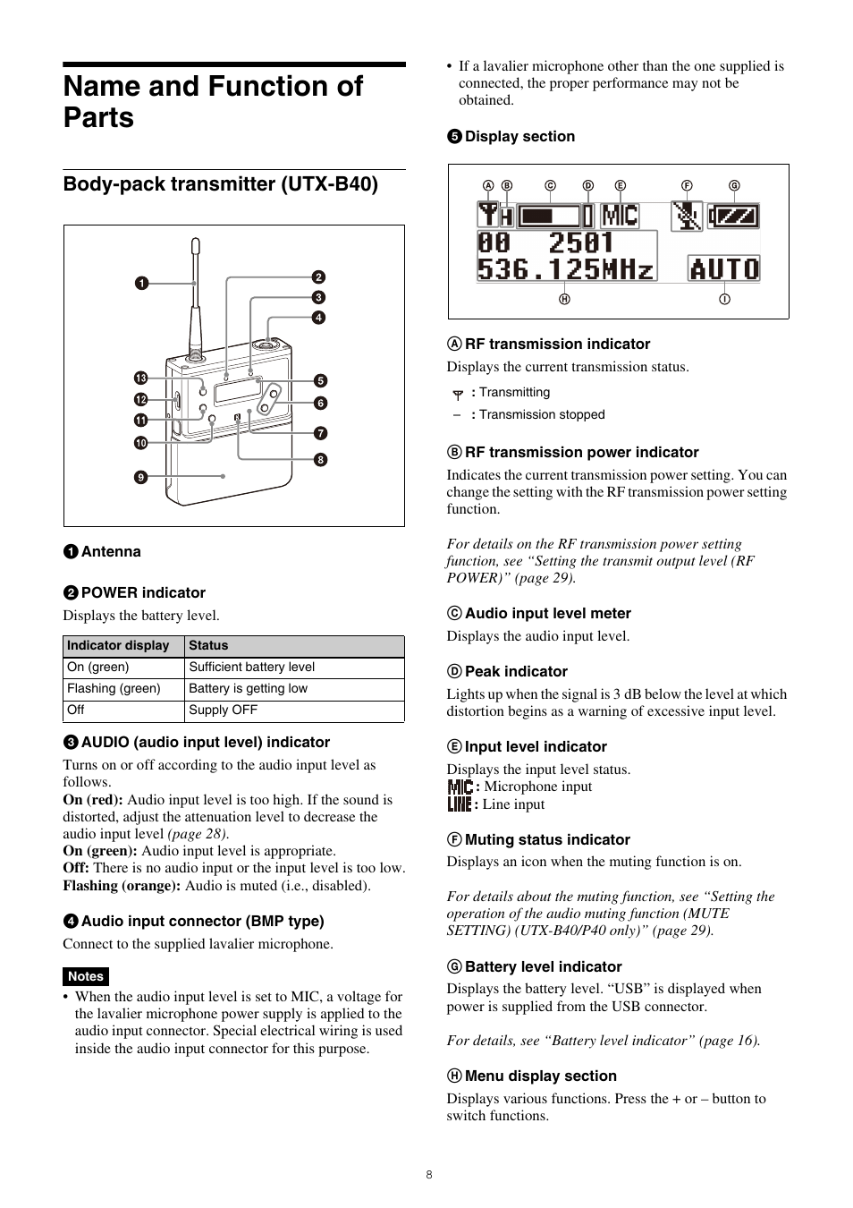 Name and function of parts, Body-pack transmitter (utx-b40) | Sony SRG-120DU USB 3.0 Full HD PTZ Camera User Manual | Page 8 / 41