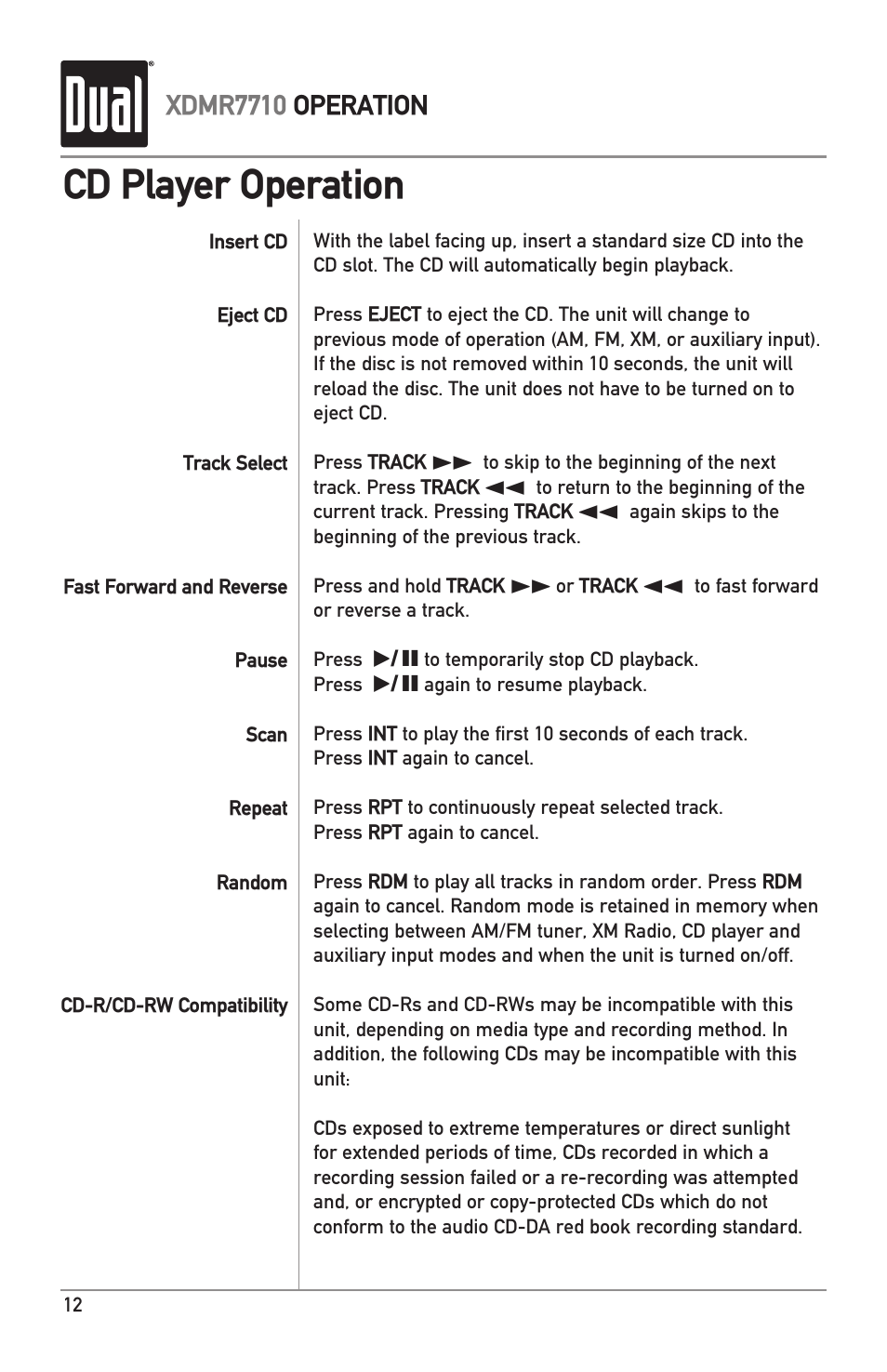 Cd player operation | Dual IPLUG XDMR7710 User Manual | Page 12 / 24