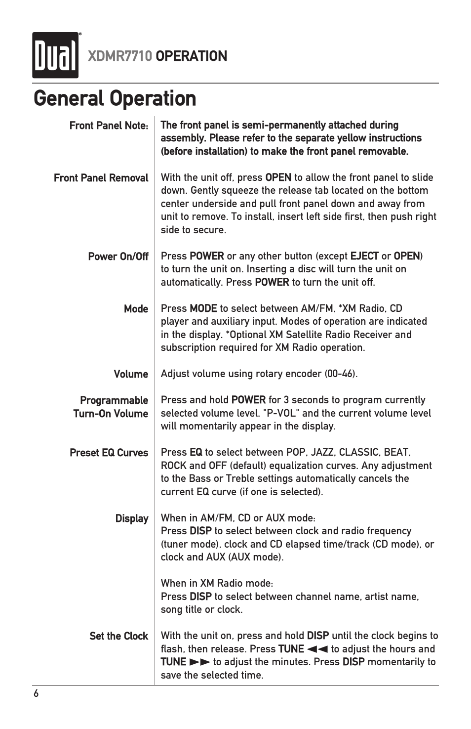 General operation, Xdmr7710 operation | Dual IPLUG XDMR7710 User Manual | Page 6 / 24