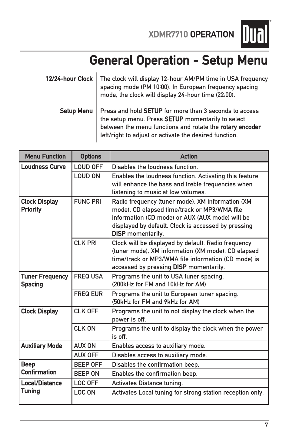 General operation - setup menu, Xdmr7710 operation | Dual IPLUG XDMR7710 User Manual | Page 7 / 24