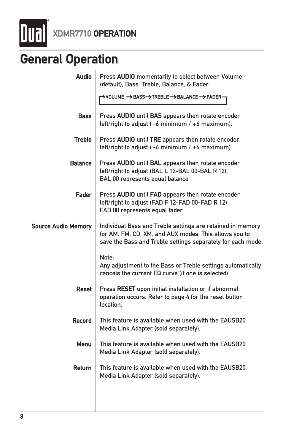 General operation, Xdmr7710 operation | Dual IPLUG XDMR7710 User Manual | Page 8 / 24