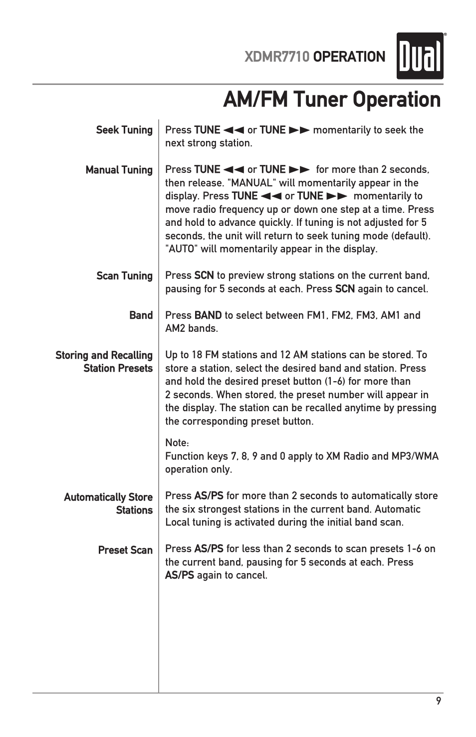 Am/fm tuner operation | Dual IPLUG XDMR7710 User Manual | Page 9 / 24