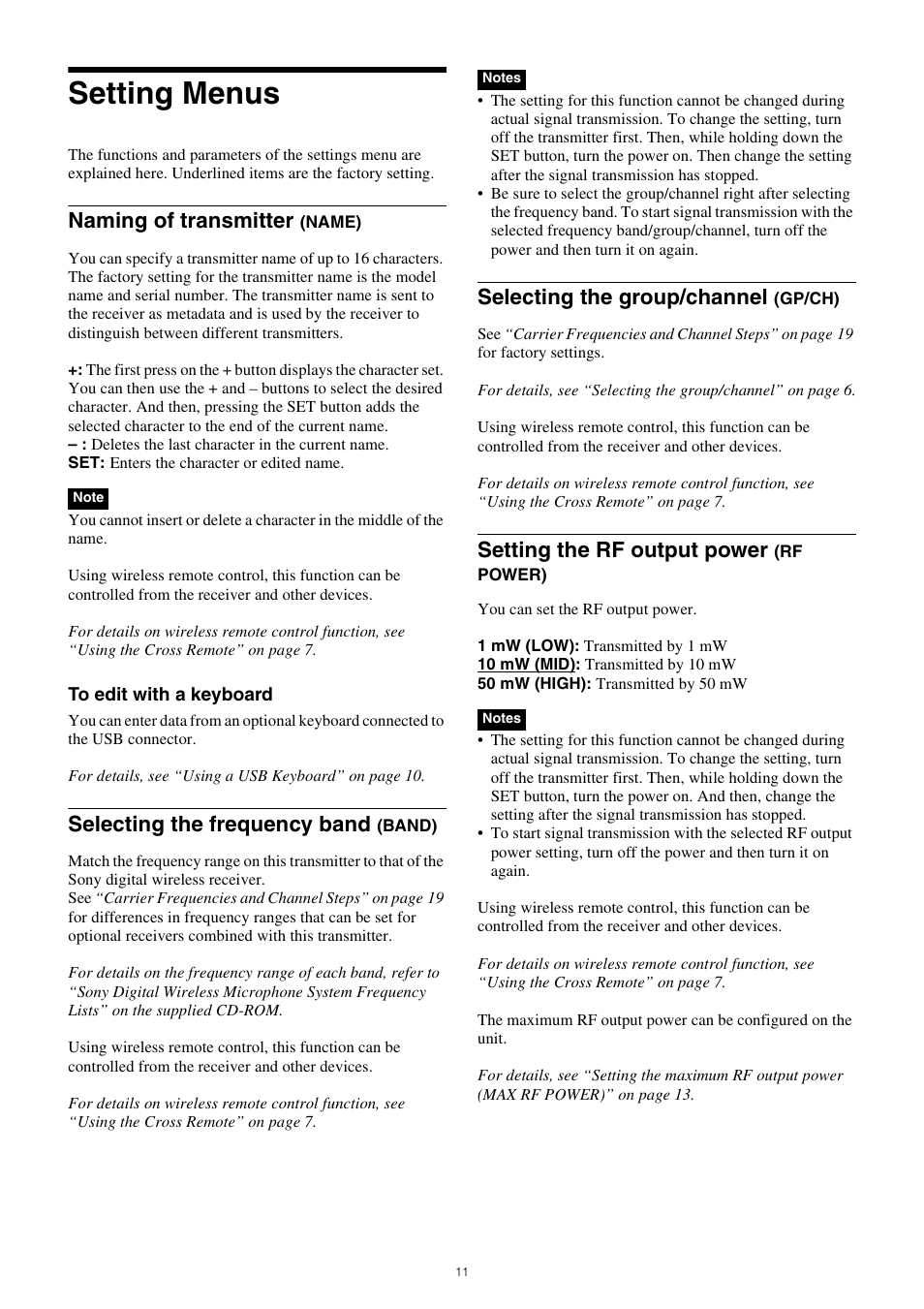 Setting menus, Naming of transmitter, Selecting the frequency band | Selecting the group/channel, Setting the rf output power | Sony ICD-UX570 Digital Voice Recorder (Black) User Manual | Page 11 / 20