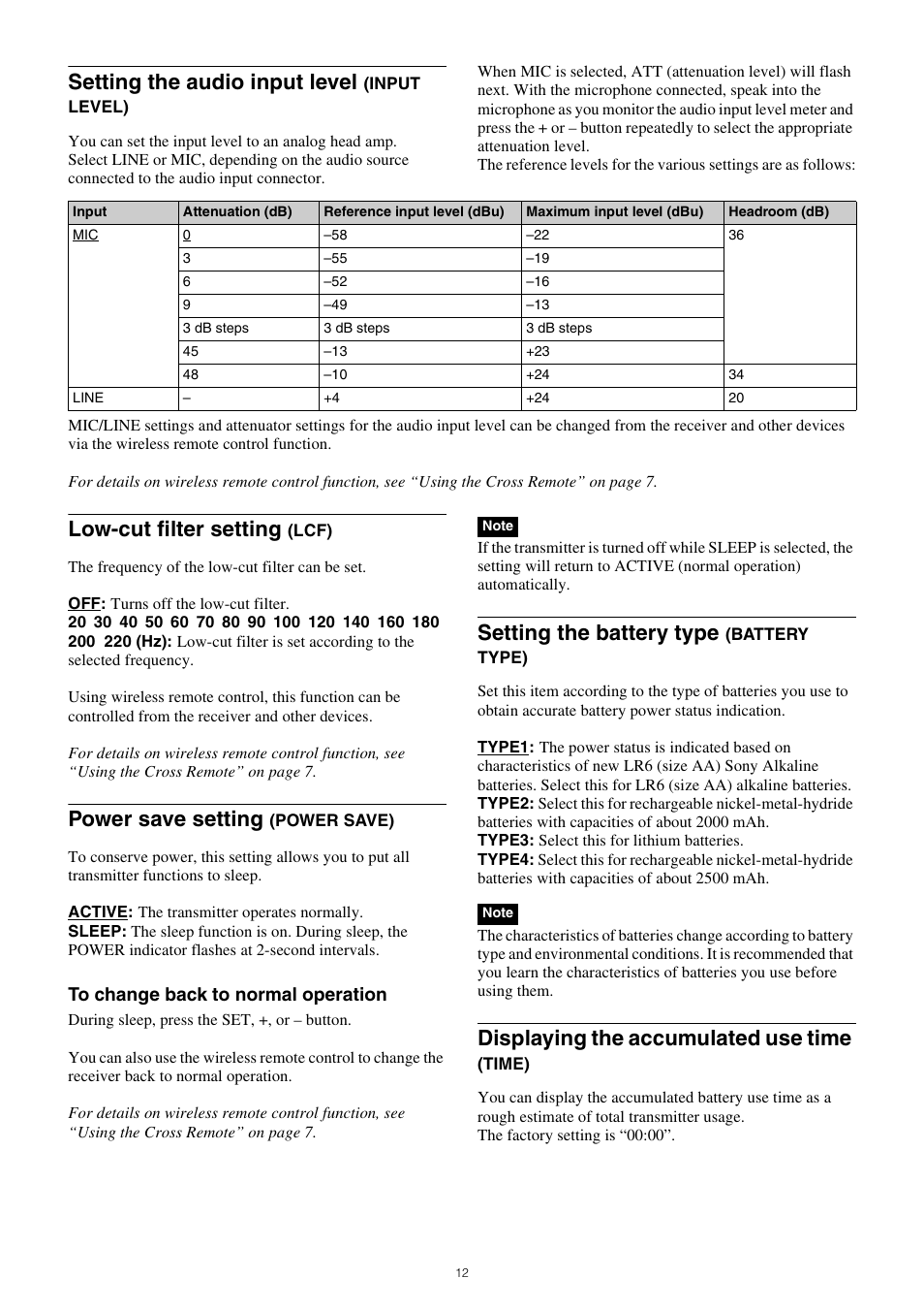Setting the audio input level, Low-cut filter setting, Power save setting | Setting the battery type, Displaying the accumulated use time | Sony ICD-UX570 Digital Voice Recorder (Black) User Manual | Page 12 / 20