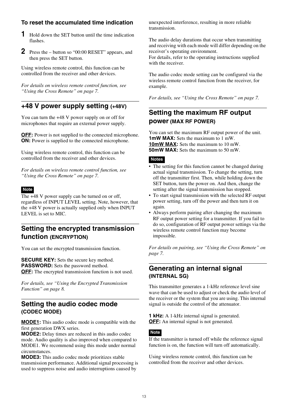 Encryption), Setting the audio codec mode, Codec mode) | Setting the maximum rf output power, Max rf power), Generating an internal signal, Internal sg), 48 v power supply setting, Setting the encrypted transmission function | Sony ICD-UX570 Digital Voice Recorder (Black) User Manual | Page 13 / 20