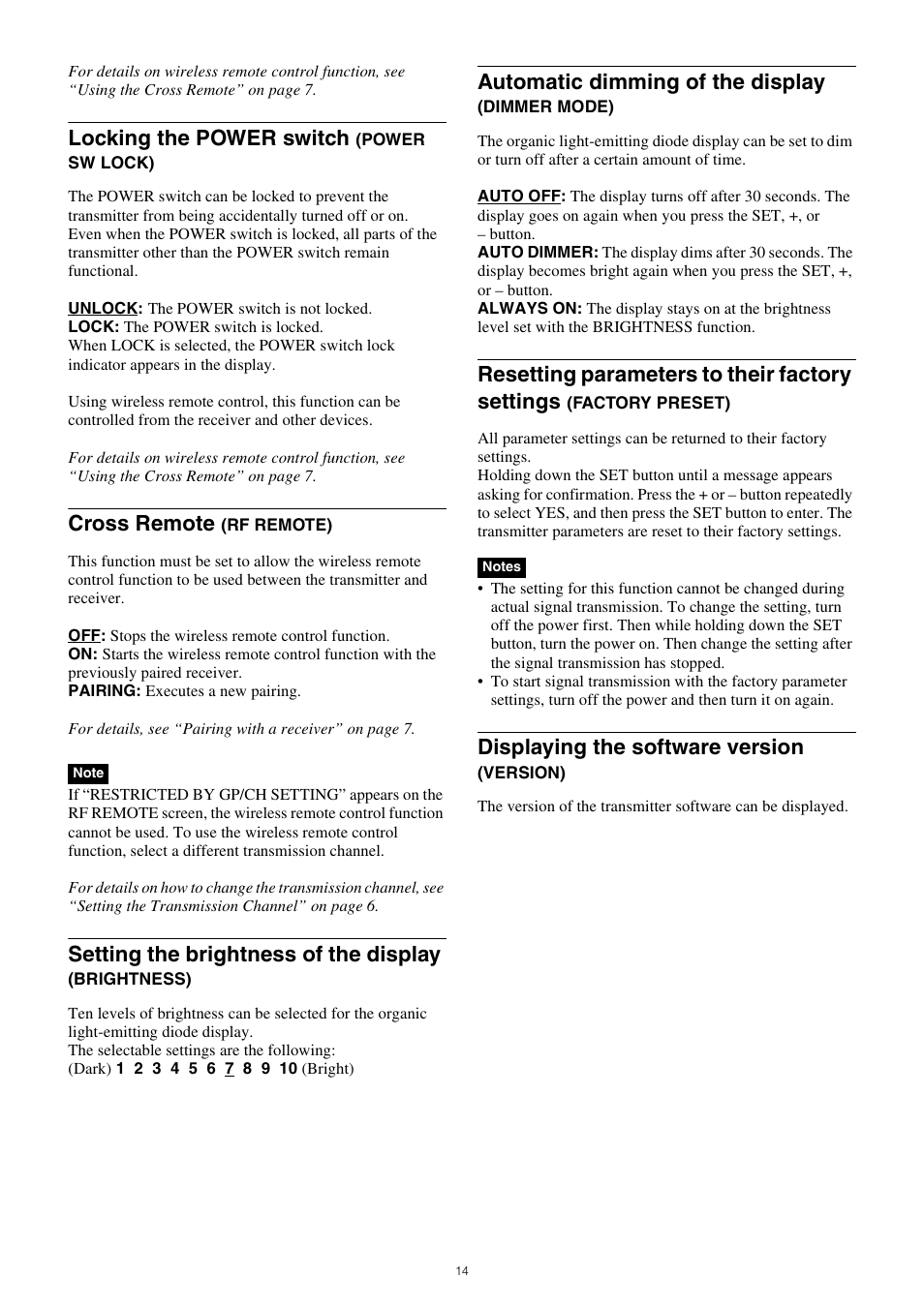 Locking the power switch, Power sw lock), Brightness) | Automatic dimming of the display, Dimmer mode), Resetting parameters to their factory settings, Factory preset), Displaying the software version (version), Cross remote, Setting the brightness of the display | Sony ICD-UX570 Digital Voice Recorder (Black) User Manual | Page 14 / 20