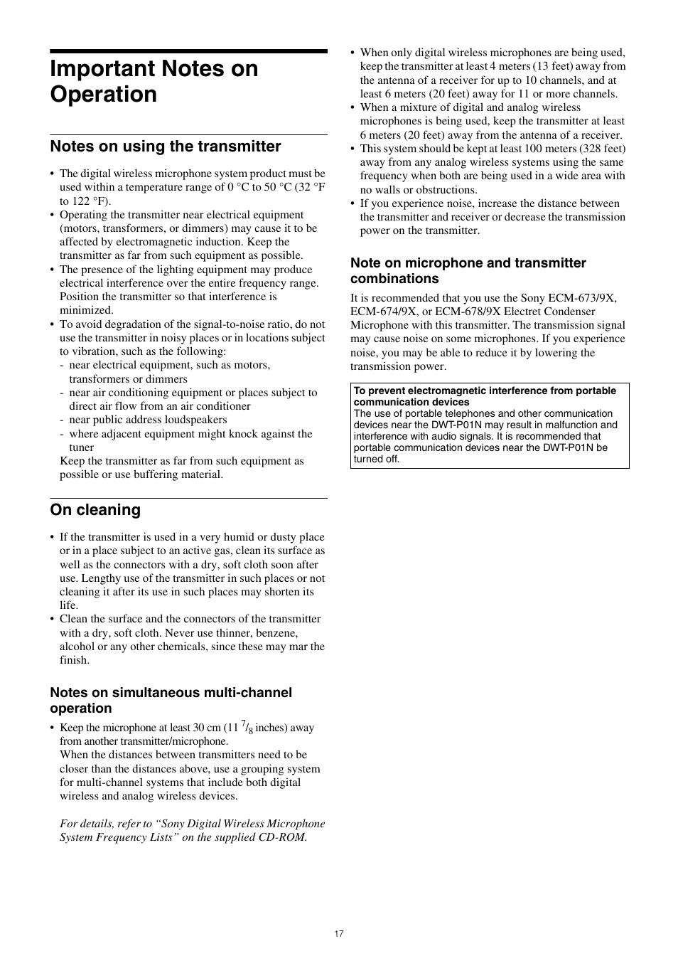 Important notes on operation, Notes on using the transmitter on cleaning, On cleaning | Sony ICD-UX570 Digital Voice Recorder (Black) User Manual | Page 17 / 20