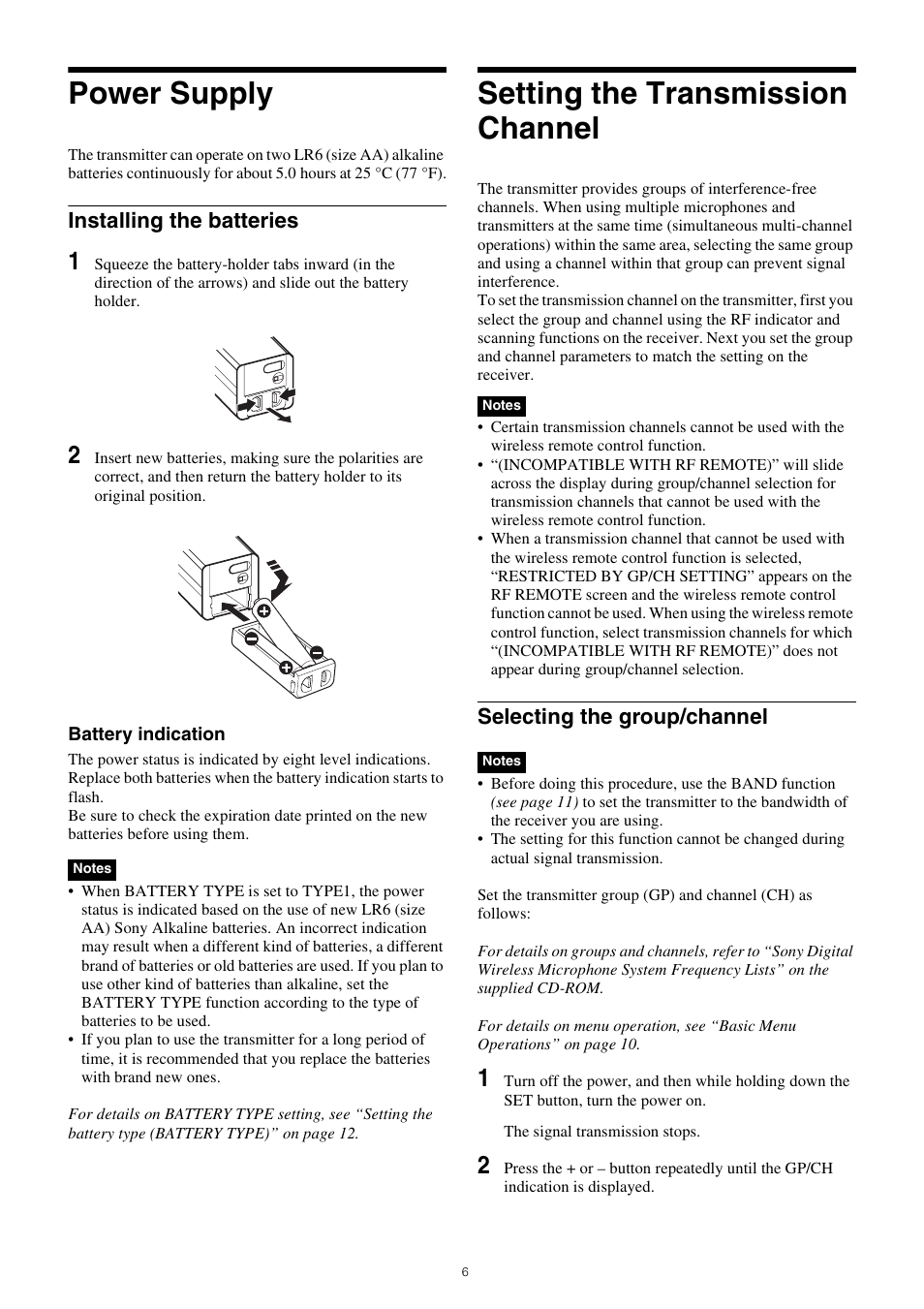 Power supply, Setting the transmission channel, Installing the batteries | Selecting the group/channel | Sony ICD-UX570 Digital Voice Recorder (Black) User Manual | Page 6 / 20