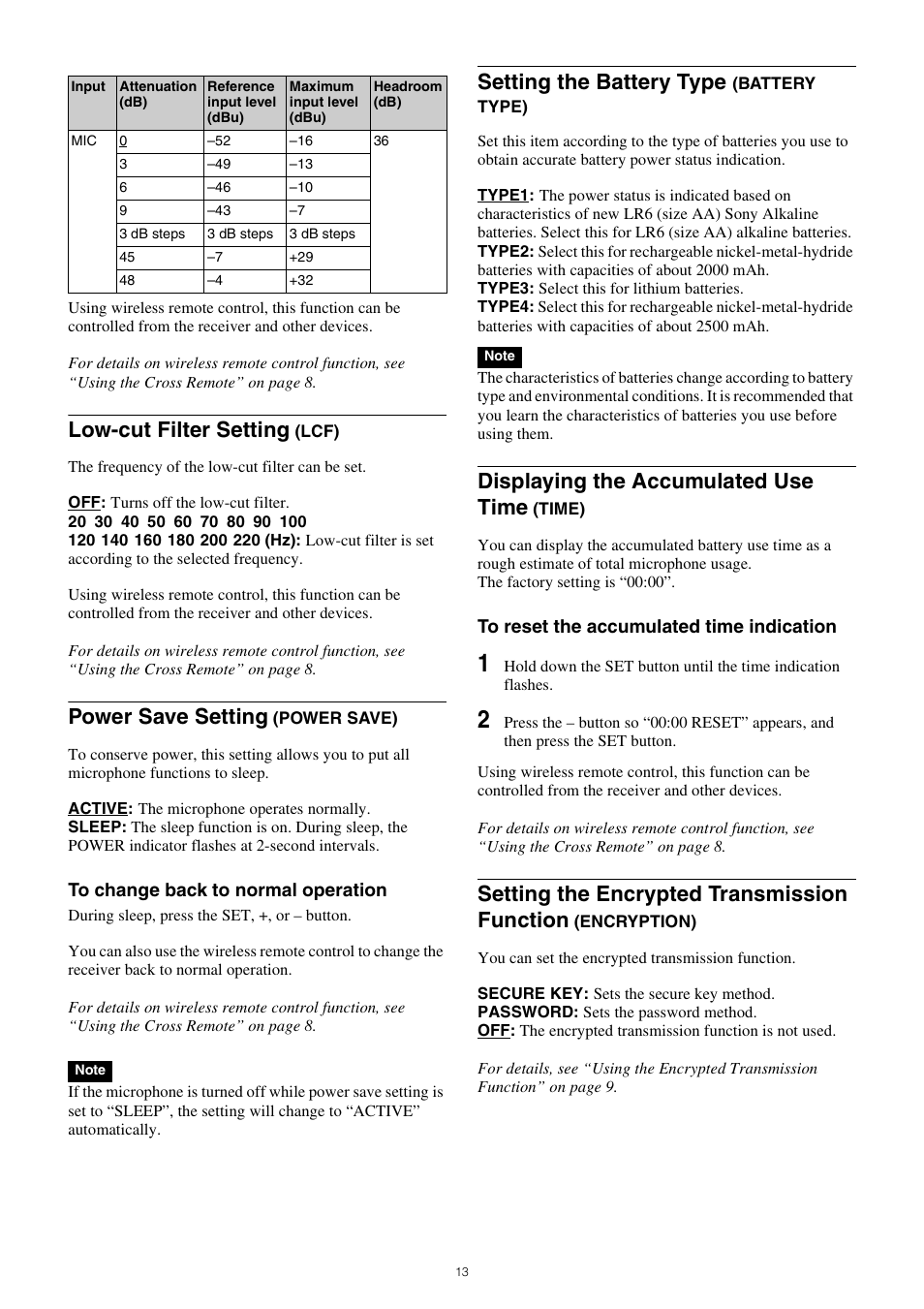Time), Setting the encrypted transmission function, Encryption) | Low-cut filter setting, Power save setting, Setting the battery type, Displaying the accumulated use time | Sony ICD-PX470 Digital Voice Recorder with USB User Manual | Page 13 / 21