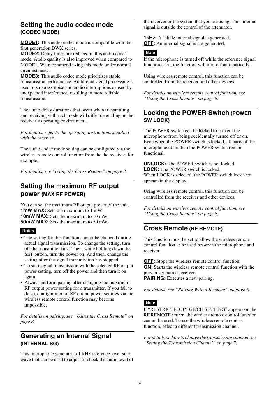 Setting the audio codec mode (codec, Mode), Setting the maximum rf output power | Max rf power), Generating an internal signal (internal, Locking the power switch (power sw, Lock), Cross remote (rf remote), Setting the audio codec mode, Generating an internal signal | Sony ICD-PX470 Digital Voice Recorder with USB User Manual | Page 14 / 21