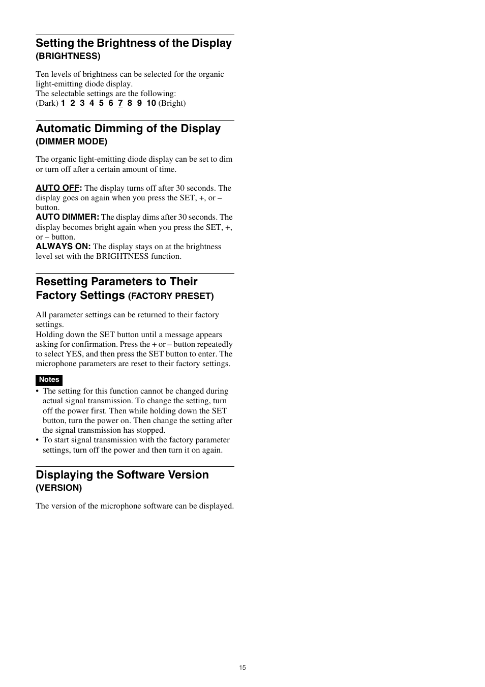 Setting the brightness of the display, Brightness), Automatic dimming of the display (dimmer | Mode), Resetting parameters to their factory settings, Factory preset), Displaying the software version (version), Automatic dimming of the display, Displaying the software version | Sony ICD-PX470 Digital Voice Recorder with USB User Manual | Page 15 / 21