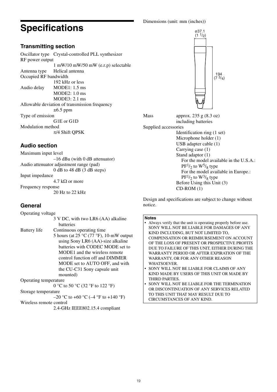 Specifications, General | Sony ICD-PX470 Digital Voice Recorder with USB User Manual | Page 19 / 21