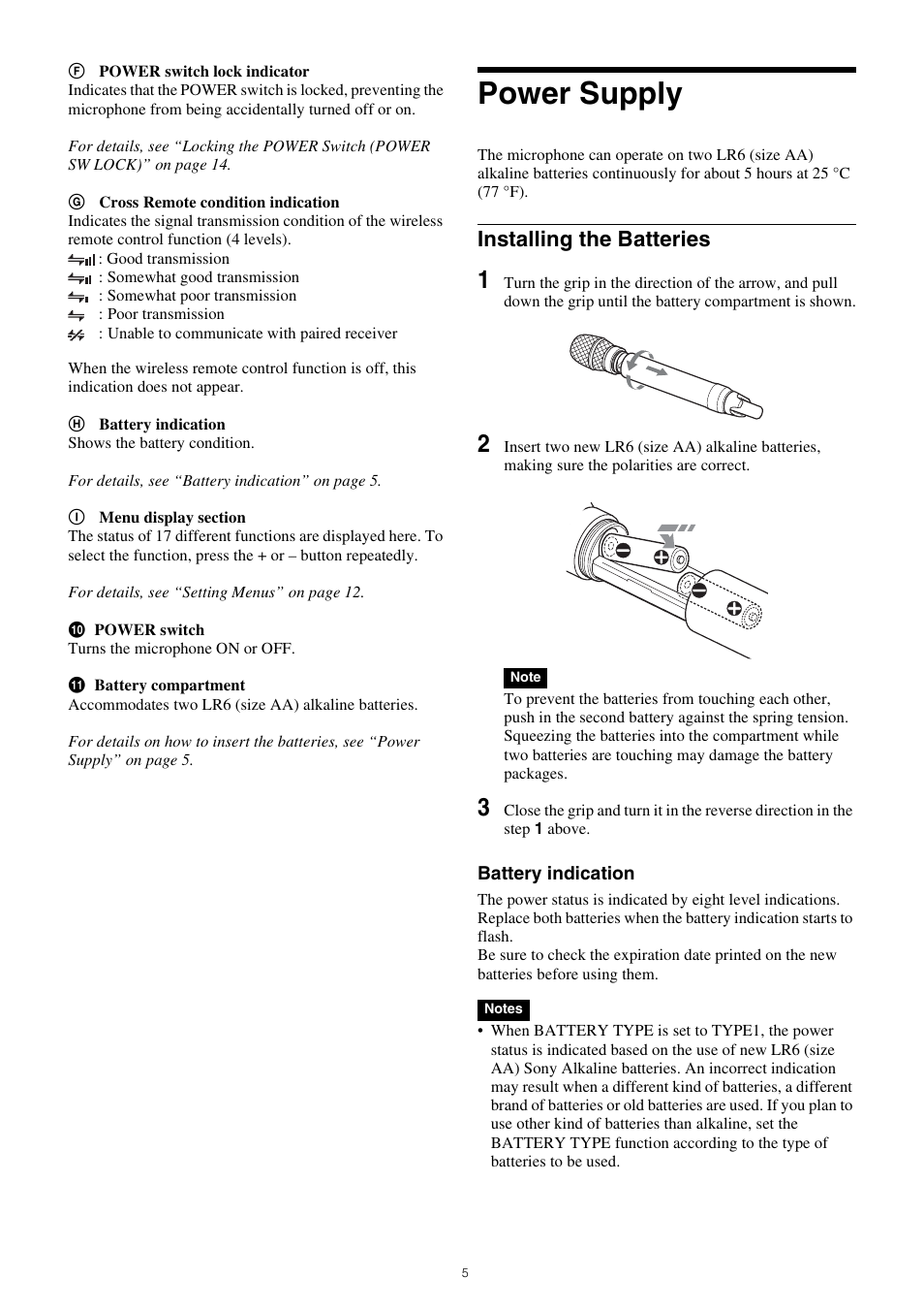 Power supply, Installing the batteries | Sony ICD-PX470 Digital Voice Recorder with USB User Manual | Page 5 / 21