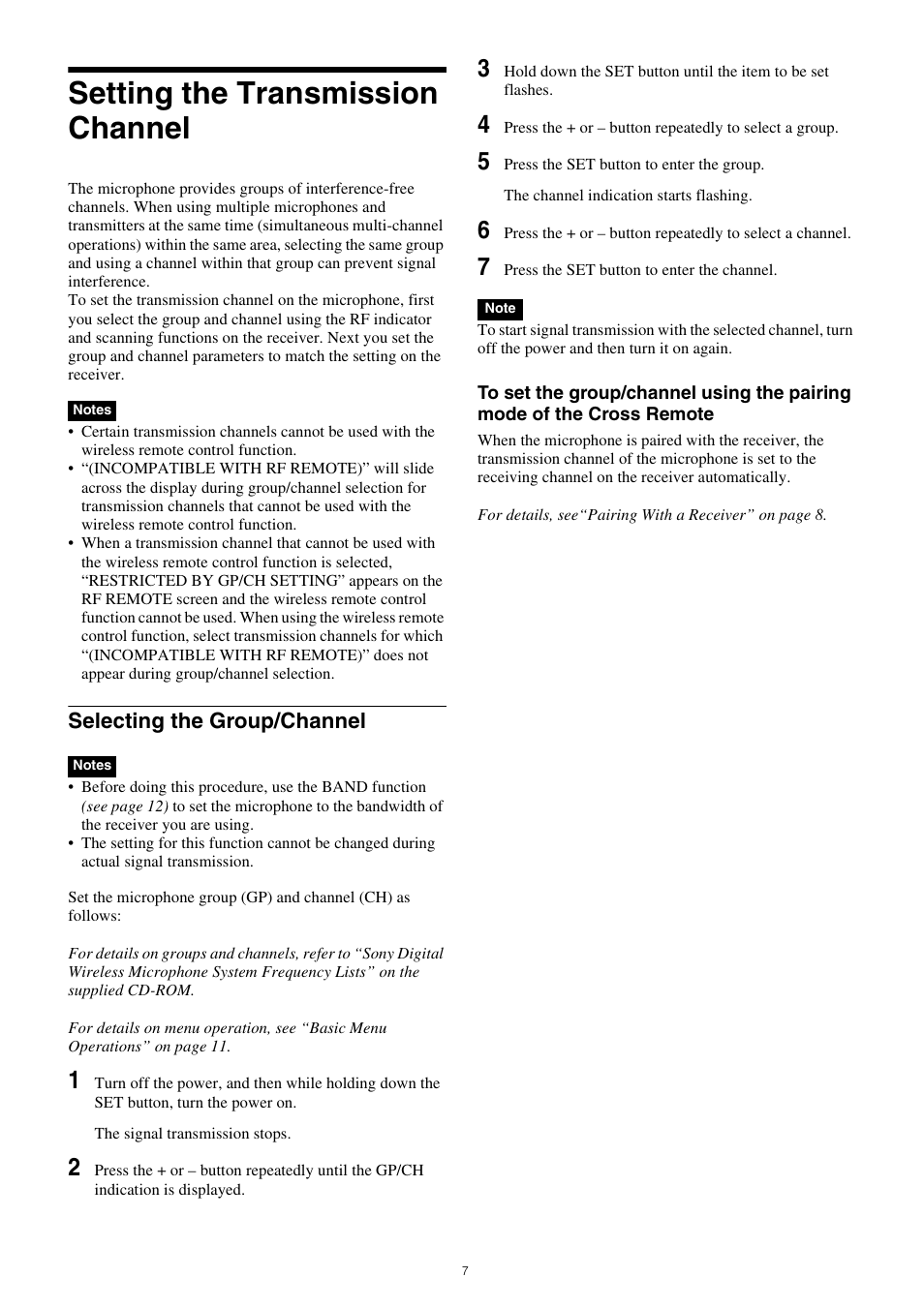 Setting the transmission channel, Selecting the group/channel | Sony ICD-PX470 Digital Voice Recorder with USB User Manual | Page 7 / 21