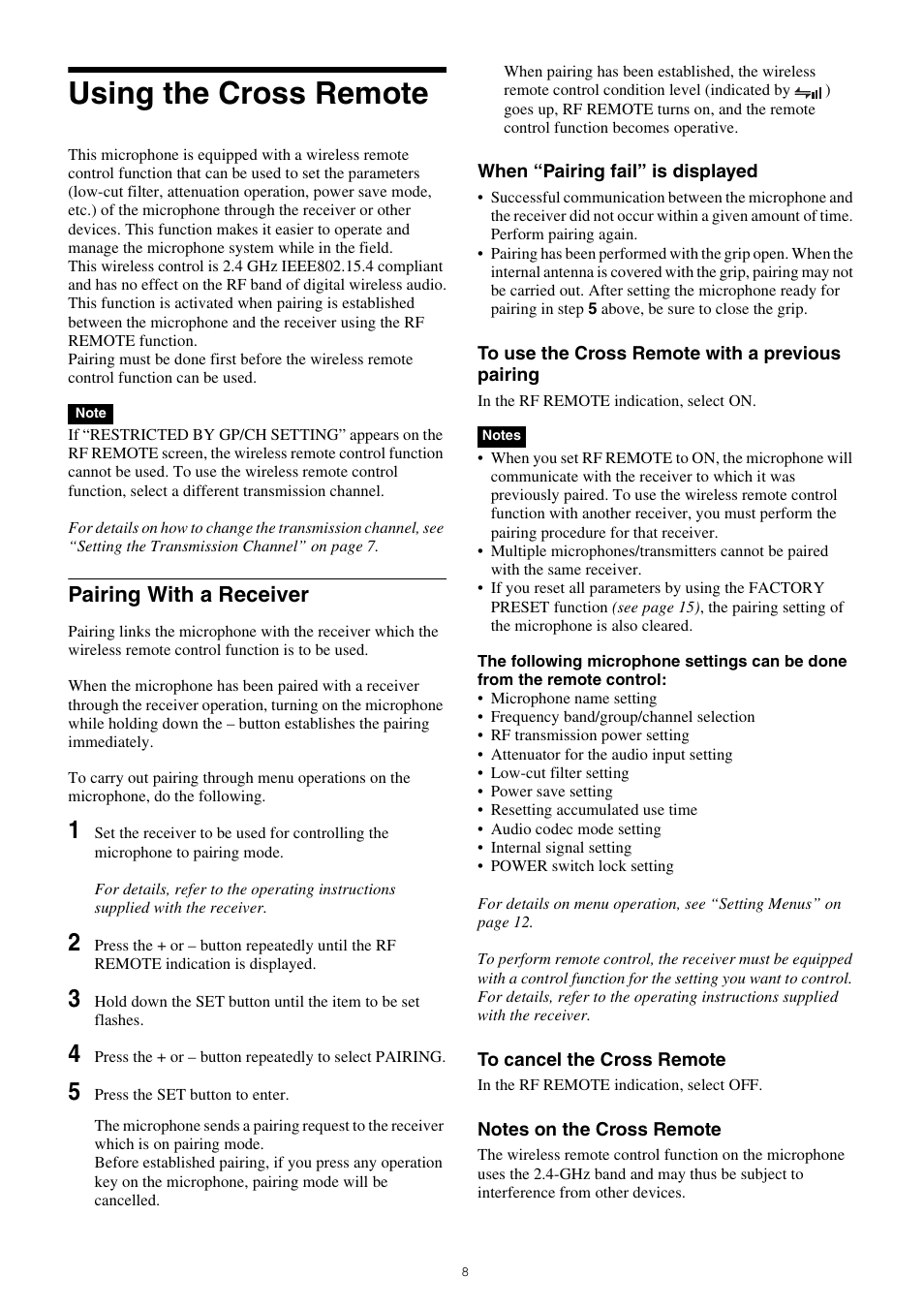 Using the cross remote, Pairing with a receiver | Sony ICD-PX470 Digital Voice Recorder with USB User Manual | Page 8 / 21