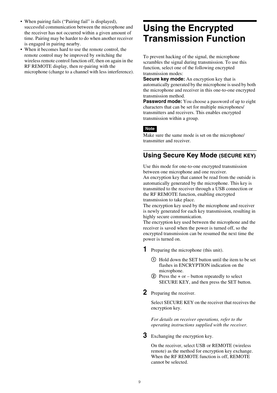 Using the encrypted transmission function, Using secure key mode (secure key), Using secure key mode | Sony ICD-PX470 Digital Voice Recorder with USB User Manual | Page 9 / 21