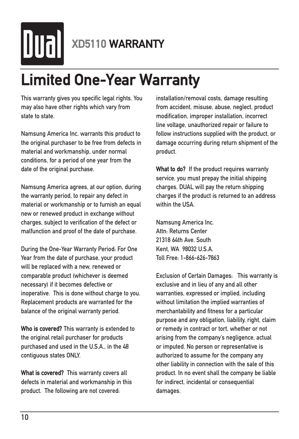 Limited one-year warranty, Xd5110 warranty | Dual XD5110 User Manual | Page 10 / 12