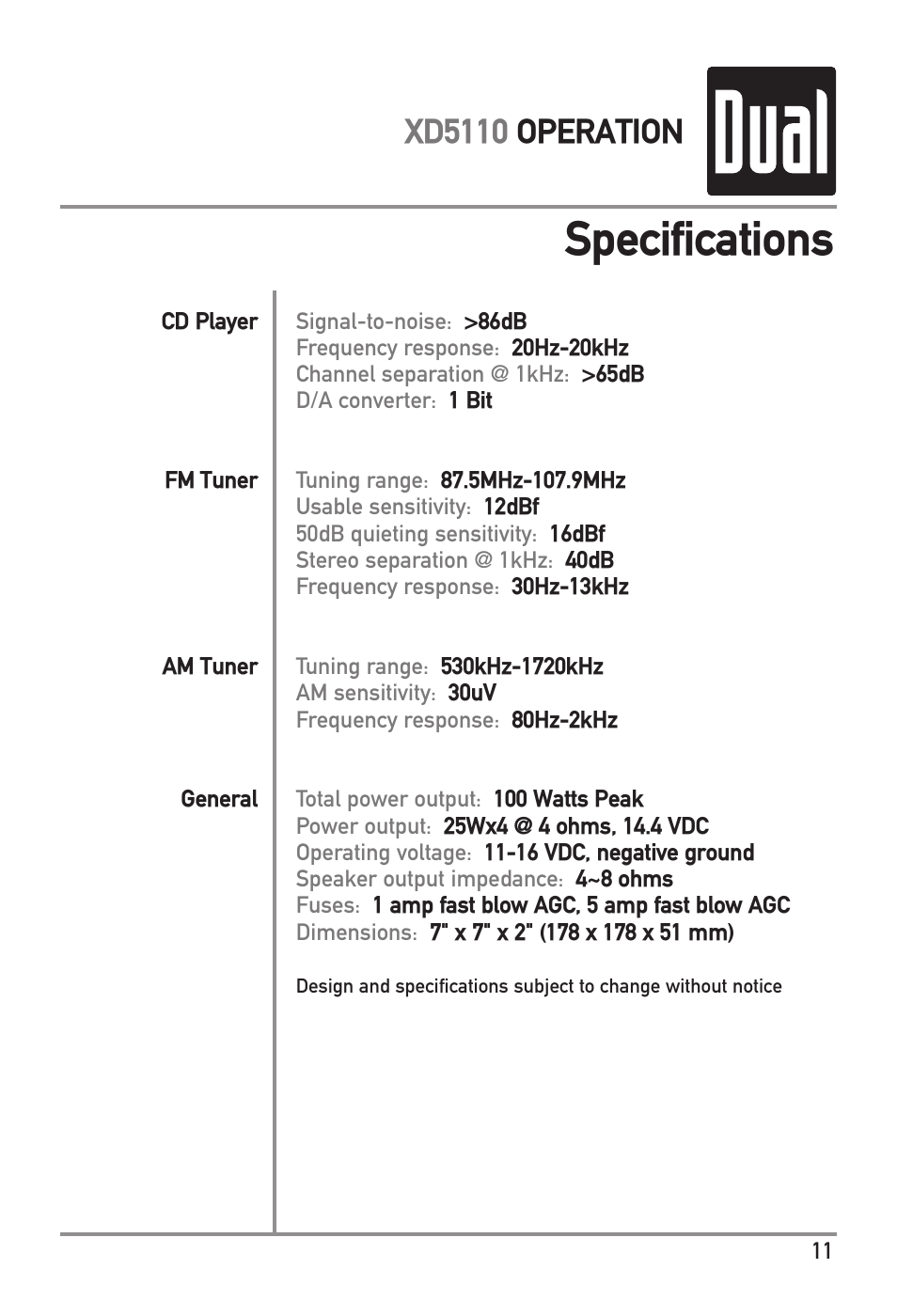 Specifications, Xd5110 operation | Dual XD5110 User Manual | Page 11 / 12