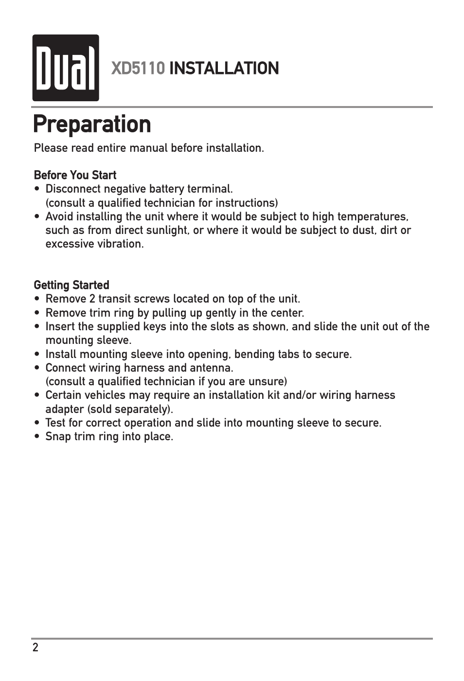 Preparation, Xd5110 installation | Dual XD5110 User Manual | Page 2 / 12