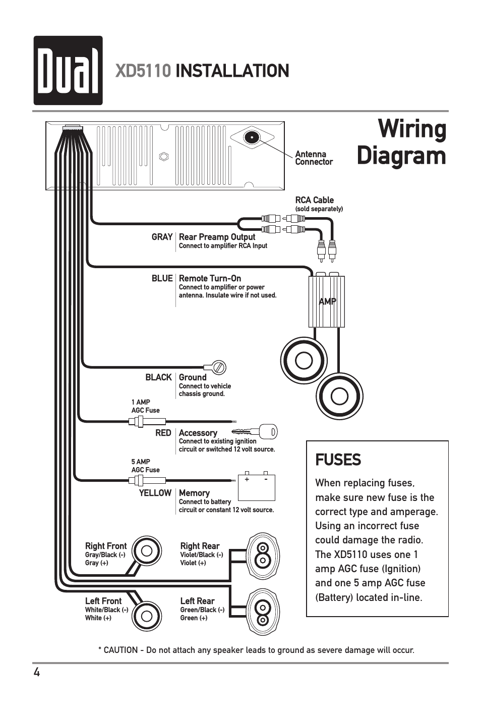 Wiring diagram, Xd5110 installation, Fuses | Dual XD5110 User Manual | Page 4 / 12