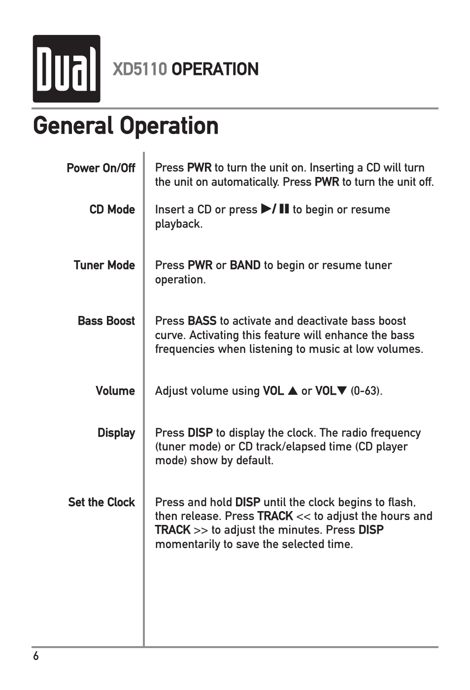 General operation, Xd5110 operation | Dual XD5110 User Manual | Page 6 / 12